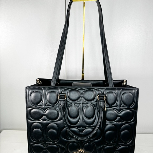 Coach Handbags - Coach Maggie Tote Large Signature Embossed Leather Black Gold Hardware NWT